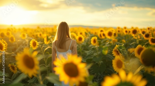 Strong and confident woman fighting cancer, standing tall in the middle of a field of sunflowers, generative ai