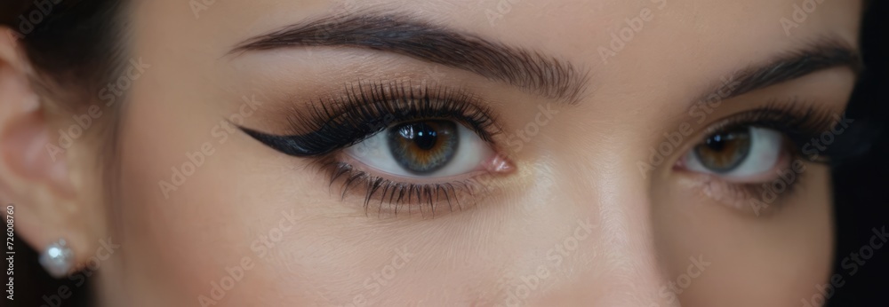 Obraz premium Beautiful female green eyes with strabismus, close-up. Panorama, close-up of an advertisement for strabismus treatment or other medical services and cosmetics.