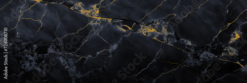 Panoramic dark gray marble banner abstract stone background. Close-up gold stone texture. Black rock grunge backdrop copy space