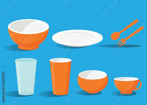 Empty plate, bowl, glass, and spoon fork in orange in cartoon ceramic style isolated on blue background vector illustration.
