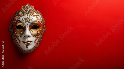 Elegant Venetian mask displayed on a festive red background generative ai