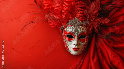 Elegant Venetian mask displayed on a festive red background generative ai