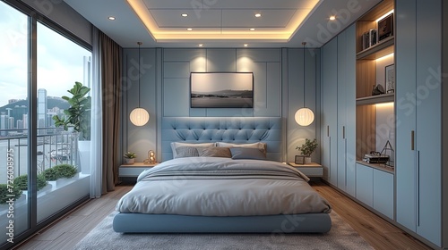 Sleek and Serene: Modern Bedroom Oasis with Ocean View - Generative AI © Sergio_Maley