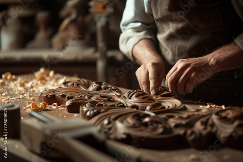 Artisan hand-carving intricate patterns into wooden surfaces amidst shavings in a dimly lit workshop. Concept of quiet luxury.