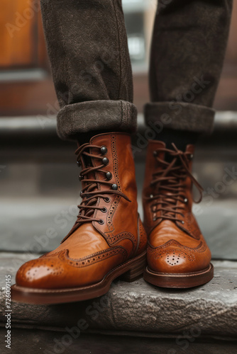 Close-up of stylish brown leather boots with intricate detailing laced up and worn by a person standing on a wooden surface outdoors. Concept of quiet luxury.