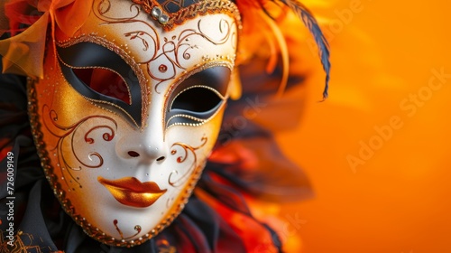 Venetian carnival mask on an energetic orange background, generative ai