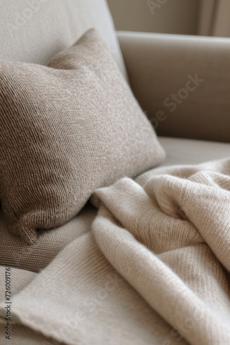 Close-up of cozy knitted textures with a soft pillow and a gentle, crumpled throw blanket on a comfortable couch in a warm, tranquil indoor setting. Concept of quiet luxury.