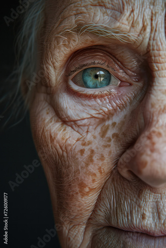 Close-up portrait showcasing a single insightful eye amidst time-sculpted wrinkles and blemishes, reflecting wisdom and the beauty of aging gracefully.