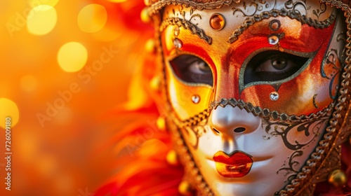 Venetian carnival mask on an energetic orange background, generative ai