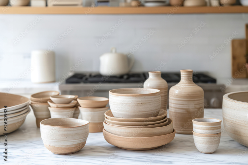 Assorted ceramic pottery is displayed on a countertop with a modern stove and wooden shelves in thebackground. Handcrafted earthenware bowls and neutral tones create a homely atmosphere. Quiet luxury. Assorted ceramic pottery is displayed on a countertop with a modern stove and wooden shelves in thebackground. Handcrafted earthenware bowls and neutral tones create a homely atmosphere. Quiet luxury.