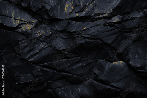 Black natural bold abstract rock background. Dark gray gold stone texture mountain close-up cracked for banner design copy space