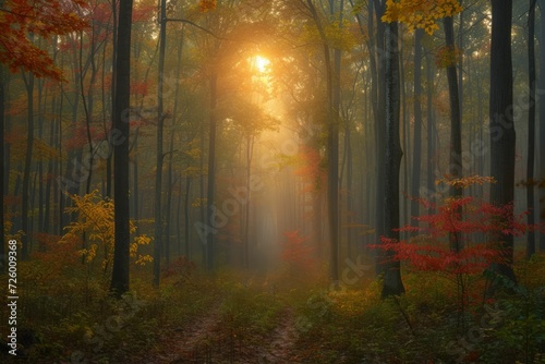 beauty of a misty autumn morning in a dense forest