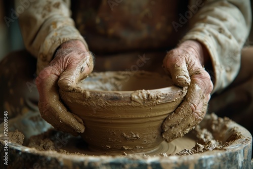 Craftsman skillfully shaping wet clay on a pottery wheel, hands immersed in the art of creating ceramic masterpieces