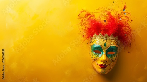 Vivid Venetian carnival mask on a radiant yellow background, generative ai