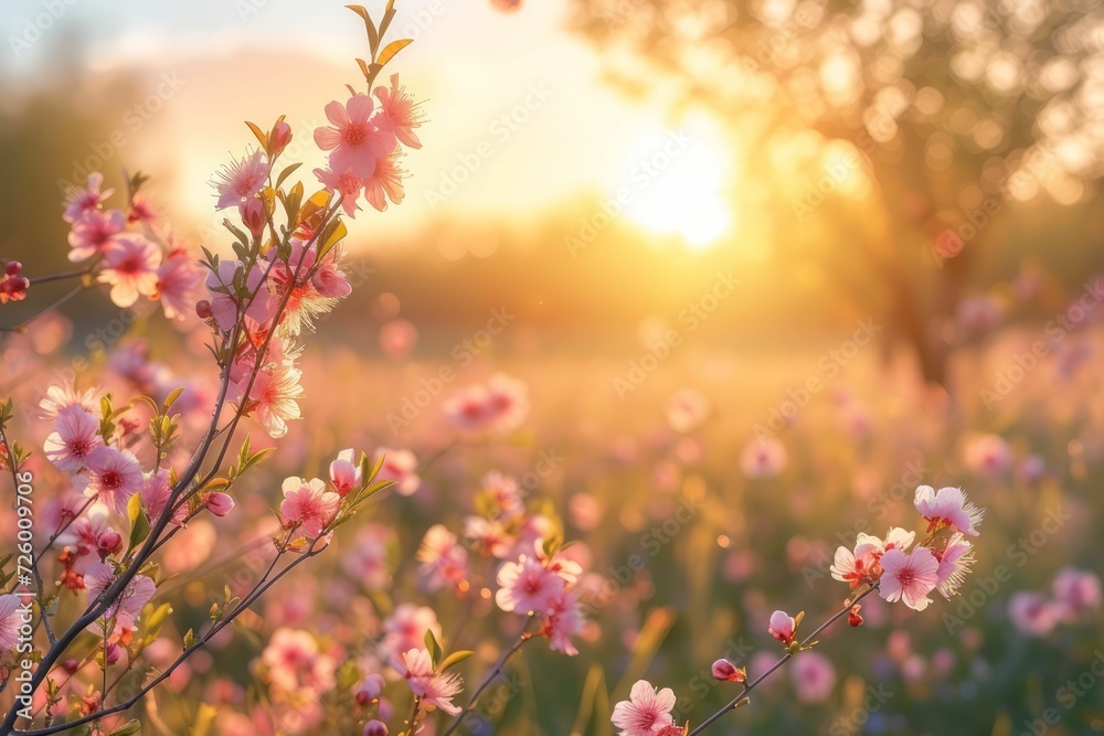 Vibrant landscape filled with blooming flowers, budding trees, and a clear, sunny sky. Concept essence of spring with a focus on the rejuvenation of nature.
