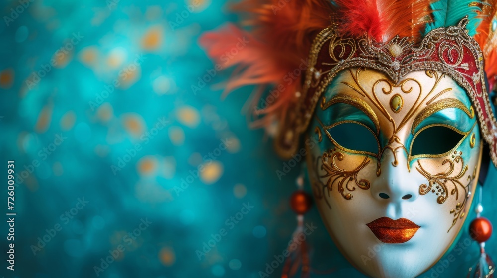Venetian mask with a turquoise background that creates a fun and lively atmosphere generative ai