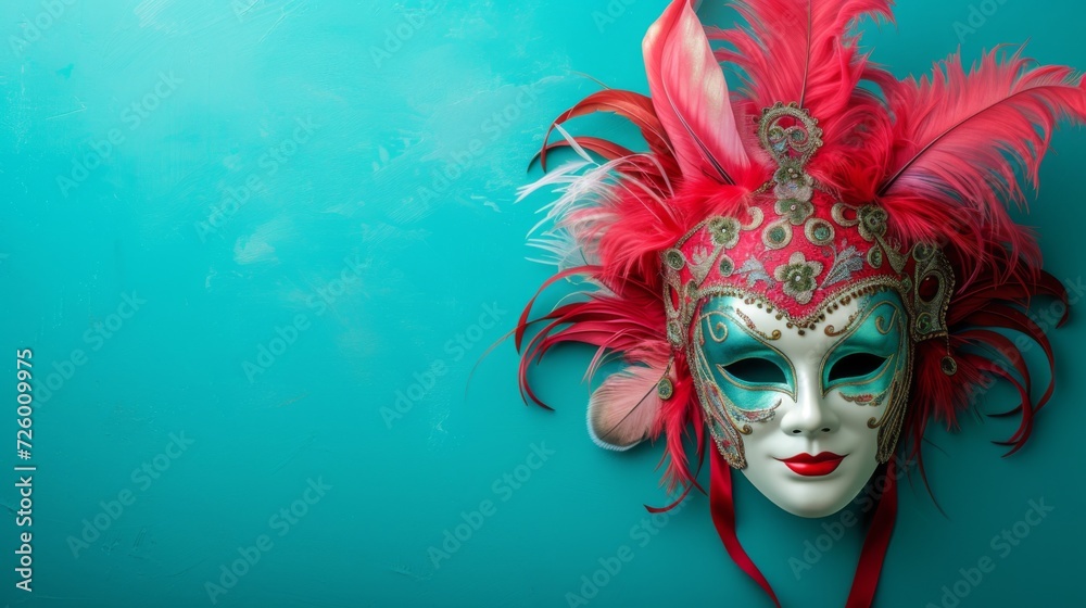 Venetian mask with a turquoise background that creates a fun and lively atmosphere generative ai