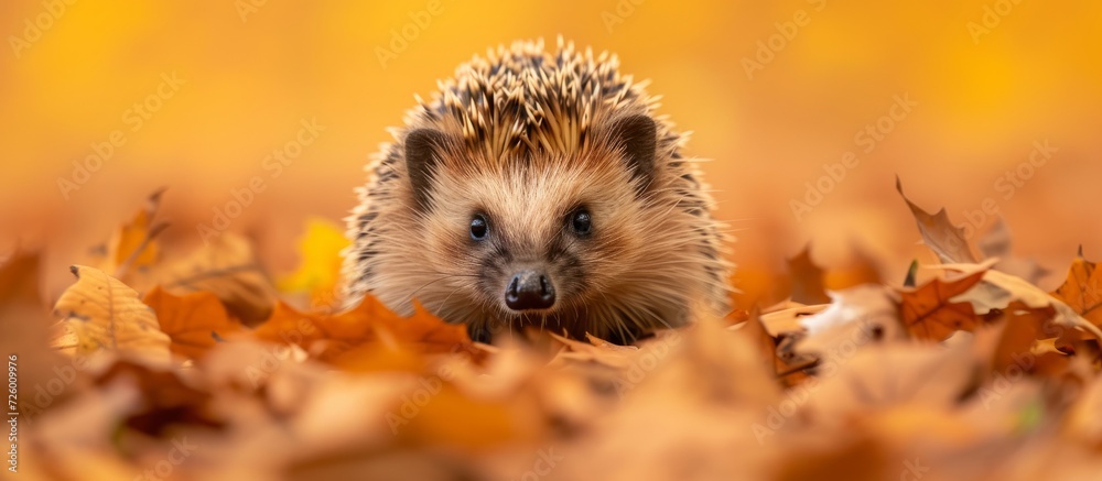 Close-up photo of a young European hedgehog. It faces forward amidst golden autumn leaves, with a blurred background and empty space. Close-up photo of a young European hedgehog. It faces forward amidst golden autumn leaves, with a blurred background and empty space.
