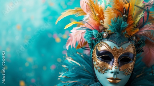 Venetian mask with a turquoise background that creates a fun and lively atmosphere generative ai © ThisDesign