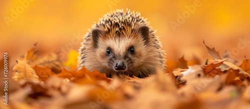 Close-up photo of a young European hedgehog. It faces forward amidst golden autumn leaves, with a blurred background and empty space.