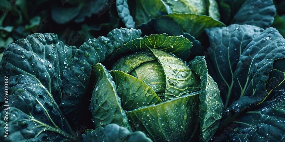 Obraz premium Close-up photography of fresh green cabbage with Water Drops