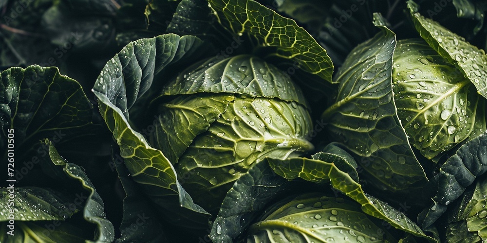 Obraz premium Close-up photography of fresh green cabbage with Water Drops