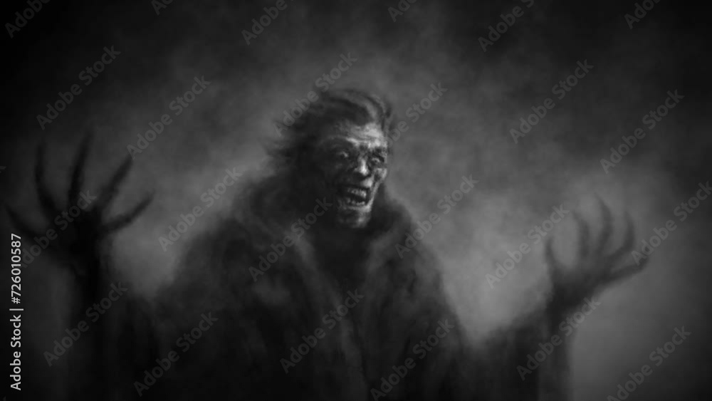Scary evil man with creepy smile. Dark 2D animation in horror fantasy genre. Creepy thing face laughing. Spooky character video clip. Animated backdrop movie. Black and white background. 