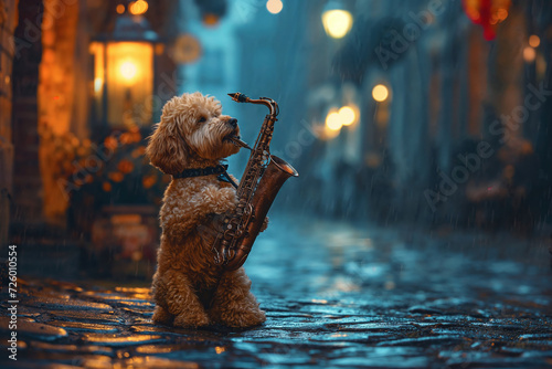 a cute poodle plays the saxophone on the street in the rain, anthropomorphic, cute animals concept