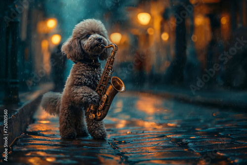 a cute poodle plays the saxophone on the street in the rain, anthropomorphic, cute animals concept