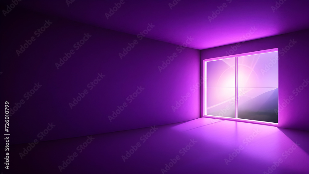 purple light shining in a room with a window and a mountain view purple light shining in a room with a window and a mountain view