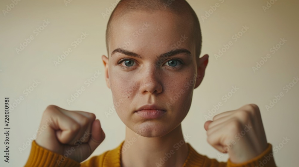 Woman with cancer showing strength to fight the disease generative ai Woman with cancer showing strength to fight the disease generative ai