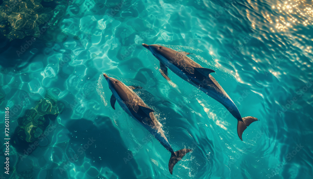 Fototapeta premium dolphins swimming gracefully through turquoise waters.generative ai