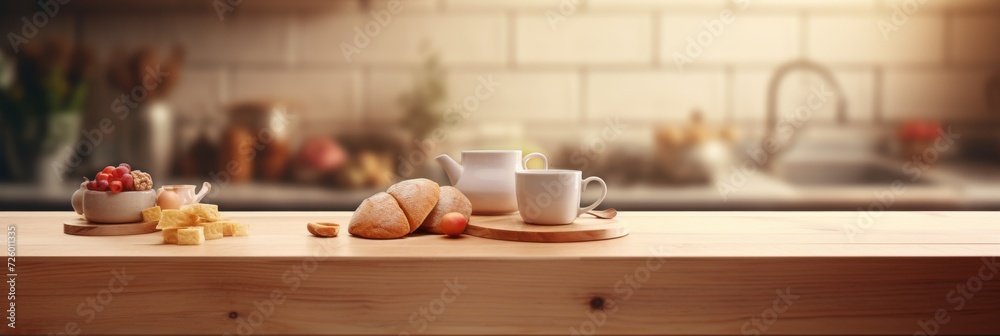 Wooden Table With Coffee Cups and Fruit
