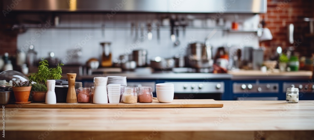 Wooden Cutting Board and Cups on Kitchen Counter
