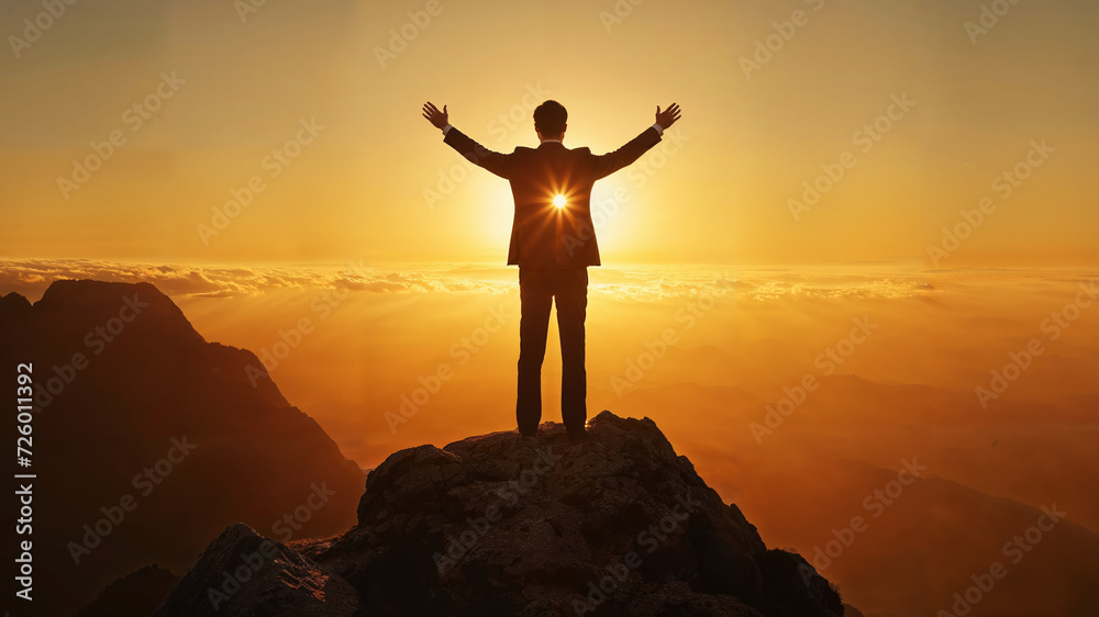 businessman standing on the peak of a high mountain, raise his hands, at sunset businessman standing on the peak of a high mountain, raise his hands, at sunset