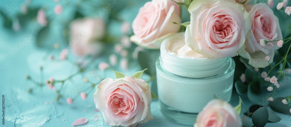 Mock up concept of a cosmetic box filled with cream and a bunch of roses, representing herbal cosmetics. Mock up concept of a cosmetic box filled with cream and a bunch of roses, representing herbal cosmetics.