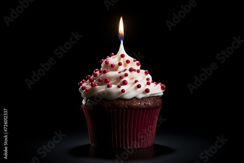 Cupcake With White Frosting  Sprinkles  and Lit Candle