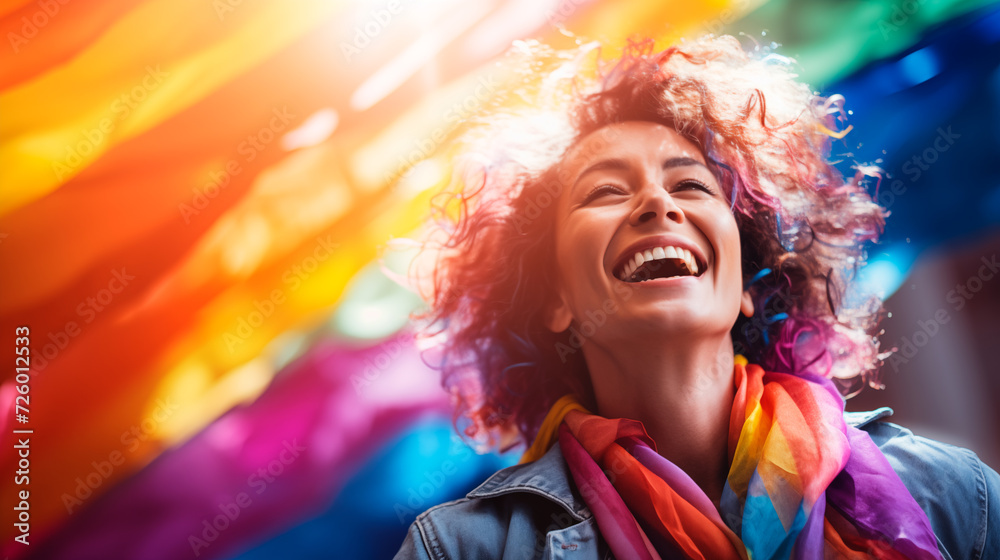 Happy woman with modern colorful hairstyle happy laughing at lgbt march with pride flag in background. Image with copy space. Generative AI