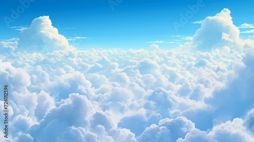 Fluffy clouds soar through the vast blue sky on a sunny day, creating a serene cloudscape high above, bathed in natural light.