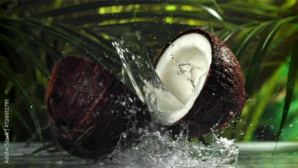 The coconut breaks in half with splashes. Filmed on a high-speed camera at 1000 fps. High quality FullHD footage The coconut breaks in half with splashes. Filmed on a high-speed camera at 1000 fps. High quality FullHD footage