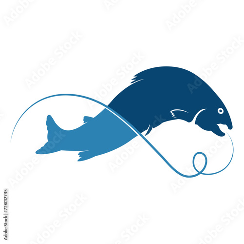 Salmon, fish and fishing, logo template. Underwater world, river and marine life, nature, vector design, illustration
