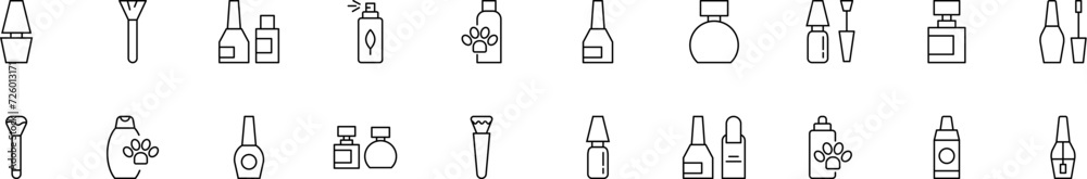 Collection of thin line icons of cosmetics brushes and bottles. Linear sign and editable stroke. Suitable for web sites, books, articles Collection of thin line icons of cosmetics brushes and bottles. Linear sign and editable stroke. Suitable for web sites, books, articles