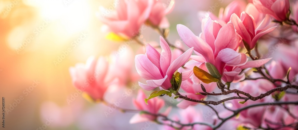 Obraz premium A lovely pink magnolia blossoms in a spring park, symbolizing Mother's Day with flowers.