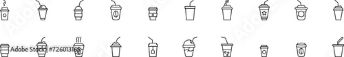 Collection of thin line icons of disposable cups of tea and coffee. Linear sign and editable stroke. Suitable for web sites, books, articles