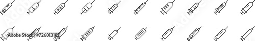 Collection of thin line icons of syringes. Linear sign and editable stroke. Suitable for web sites, books, articles