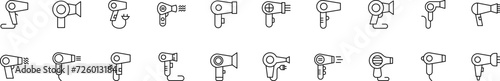 Collection of thin line icons of hairdryer. Linear sign and editable stroke. Suitable for web sites, books, articles