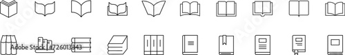 Collection of thin line icons of books as symbol of study. Linear sign and editable stroke. Suitable for web sites, books, articles