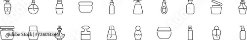 Collection of thin line icons of cosmetic bottles. Linear sign and editable stroke. Suitable for web sites, books, articles