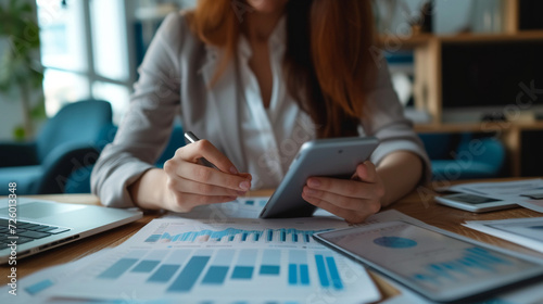 Businesswoman calculate the annual company tax with data paper and phone device.