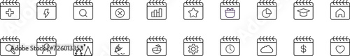 Collection of thin line icons of various items by calendar. Linear sign and editable stroke. Suitable for web sites, books, articles